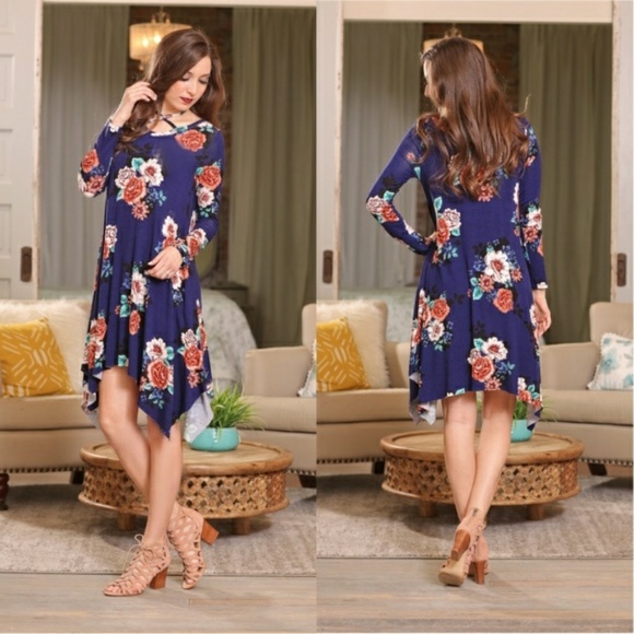 SOLD NWT BLUE FLORAL ASYMMETRICAL DRESS - Picture 2 of 5